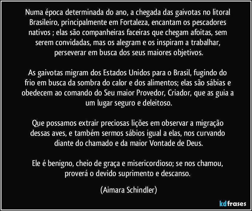 Numa época determinada do ano, a chegada das gaivotas  no litoral Brasileiro, principalmente em Fortaleza, encantam os  pescadores nativos ; elas são companheiras  faceiras que chegam afoitas, sem serem convidadas, mas os alegram e os inspiram a trabalhar, perseverar em busca dos seus maiores objetivos.

As gaivotas migram  dos Estados Unidos para o Brasil,  fugindo do frio em busca da sombra do calor e  dos alimentos; elas são sábias e obedecem ao comando do Seu maior Provedor, Criador, que as guia a um lugar seguro e deleitoso.

Que possamos extrair preciosas lições em observar a migração dessas aves, e também sermos sábios igual a elas, nos curvando diante do chamado e da maior Vontade de Deus.

Ele é benigno, cheio de graça e misericordioso;  se nos chamou, proverá o devido suprimento e descanso. (Aimara Schindler)