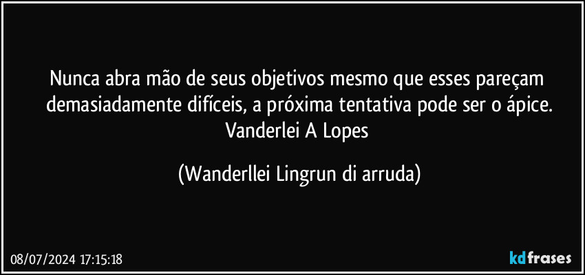 Nunca abra mão de seus objetivos mesmo que esses pareçam demasiadamente difíceis, a próxima tentativa pode ser o ápice.
Vanderlei A Lopes (Wanderllei Lingrun di arruda)