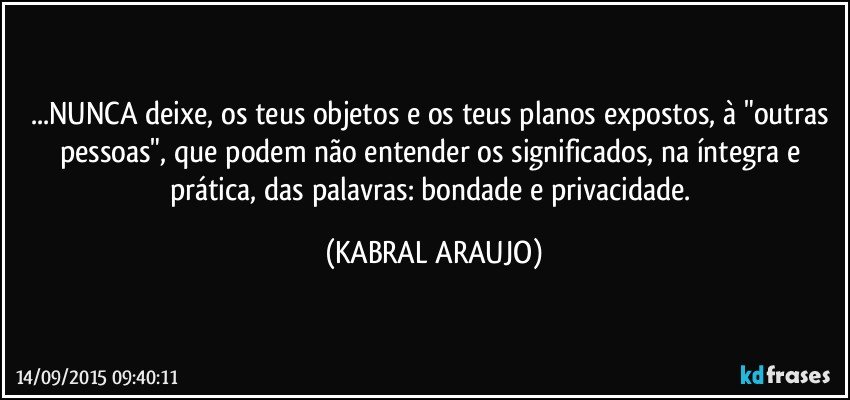 ...NUNCA deixe, os teus objetos e os teus planos expostos, à "outras pessoas", que podem não entender os significados, na íntegra e prática, das palavras: bondade e privacidade. (KABRAL ARAUJO)