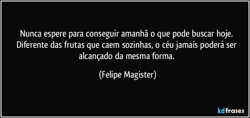 Nunca espere para conseguir amanhã o que pode buscar hoje. Diferente das frutas que caem sozinhas, o céu jamais poderá ser alcançado da mesma forma. (Felipe Magister)