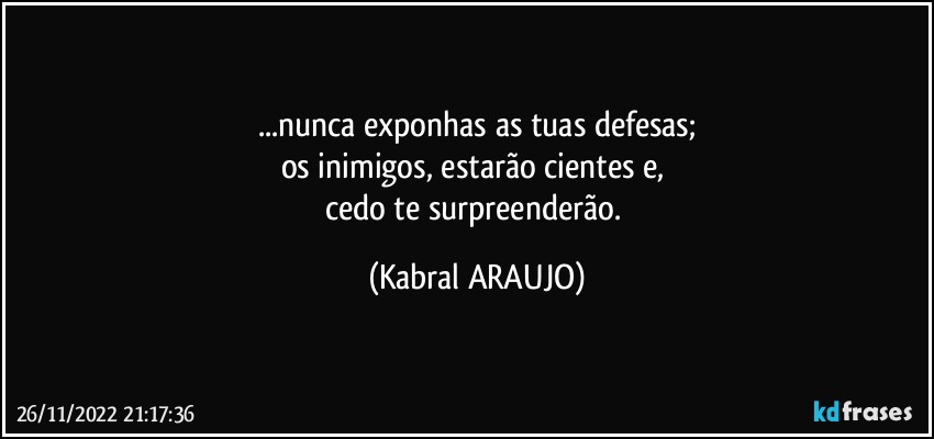 ...nunca exponhas as tuas defesas;
os inimigos, estarão cientes e, 
cedo te surpreenderão. (KABRAL ARAUJO)