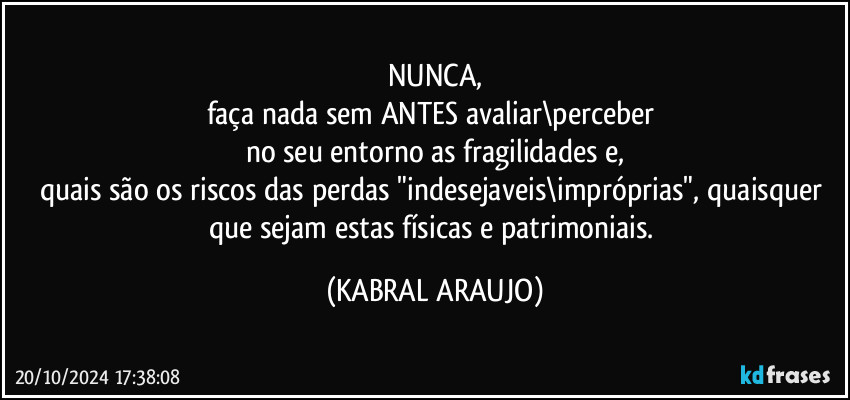 NUNCA,
faça nada sem ANTES avaliar\perceber 
no seu entorno as fragilidades e,
quais são os riscos das perdas "indesejaveis\impróprias", quaisquer que sejam estas físicas e patrimoniais. (KABRAL ARAUJO)