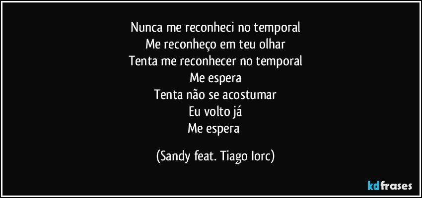 Nunca me reconheci no temporal
Me reconheço em teu olhar
Tenta me reconhecer no temporal
Me espera
Tenta não se acostumar
Eu volto já
Me espera (Sandy feat. Tiago Iorc)