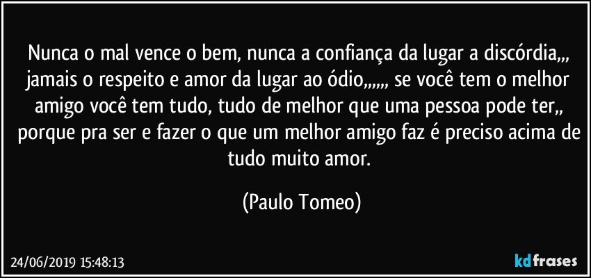 Nunca o mal vence o bem, nunca a confiança da lugar a discórdia,,, jamais o respeito e amor da lugar ao ódio,,,,,, se você tem o melhor amigo você tem tudo, tudo de melhor que uma pessoa pode ter,, porque pra ser e fazer o que um melhor amigo faz é preciso acima de tudo muito amor. (Paulo Tomeo)