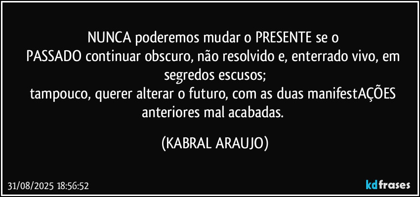 NUNCA poderemos mudar o PRESENTE se o 
PASSADO continuar obscuro, não resolvido e, enterrado vivo, em segredos escusos;
tampouco, querer alterar o futuro, com as duas manifestAÇÕES anteriores mal acabadas. (KABRAL ARAUJO)