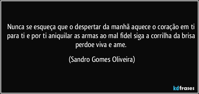 Nunca se esqueça que o despertar da manhã aquece o coração em ti para ti e por ti aniquilar as armas ao mal fidel siga a corrilha da brisa perdoe viva e ame. (Sandro Gomes Oliveira)