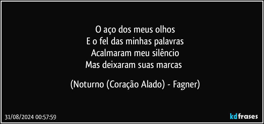 O aço dos meus olhos
E o fel das minhas palavras
Acalmaram meu silêncio
Mas deixaram suas marcas (Noturno (Coração Alado) - Fagner)