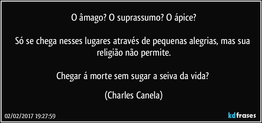 O âmago? O suprassumo? O ápice?

Só se chega nesses lugares através de pequenas alegrias, mas sua religião não permite.

Chegar á morte sem sugar a seiva da vida? (Charles Canela)