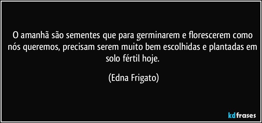 O amanhã são sementes que para germinarem e florescerem como nós queremos, precisam serem muito bem escolhidas e plantadas em solo fértil hoje. (Edna Frigato)