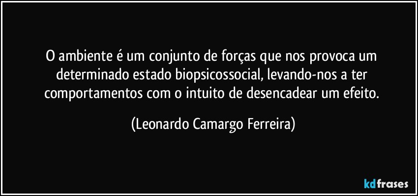 O ambiente é um conjunto de forças que nos provoca um determinado estado biopsicossocial, levando-nos a ter comportamentos com o intuito de desencadear um efeito. (Leonardo Camargo Ferreira)