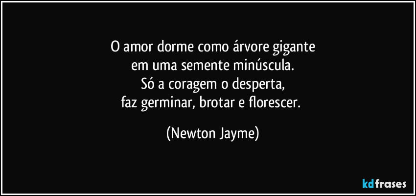 O amor dorme como árvore gigante
em uma semente minúscula.
Só a coragem o desperta,
faz germinar, brotar e florescer. (Newton Jayme)