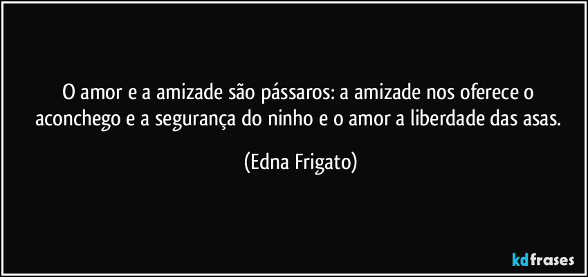 O amor e a amizade são pássaros: a amizade nos oferece o aconchego e a segurança do ninho e o amor a liberdade das asas. (Edna Frigato)