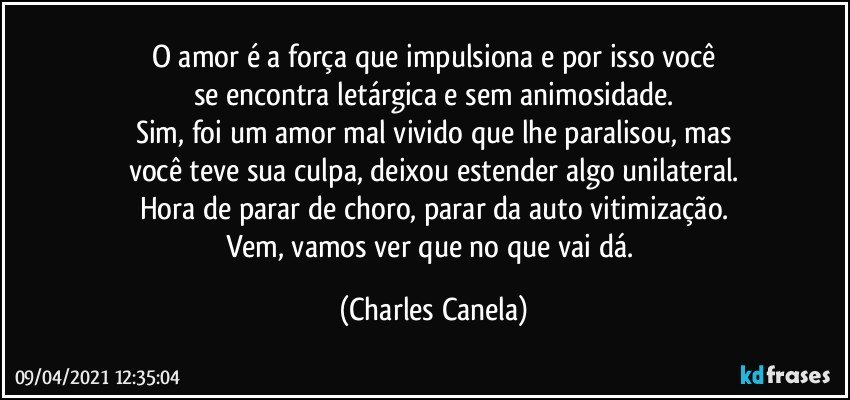 O amor é a força que impulsiona e por isso você
se encontra letárgica e sem animosidade.
Sim, foi um amor mal vivido que lhe paralisou, mas
você teve sua culpa, deixou estender algo unilateral.
Hora de parar de choro, parar da auto vitimização.
Vem, vamos ver que no que vai dá. (Charles Canela)