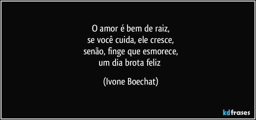 O amor é bem de raiz,
se você cuida, ele cresce,
senão, finge que esmorece,
um dia brota feliz (Ivone Boechat)