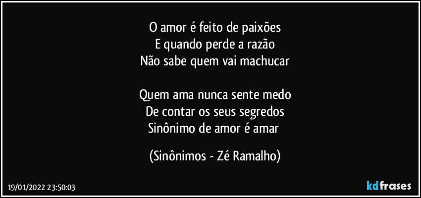 O amor é feito de paixões
E quando perde a razão
Não sabe quem vai machucar

Quem ama nunca sente medo
De contar os seus segredos
Sinônimo de amor é amar (Sinônimos - Zé Ramalho)