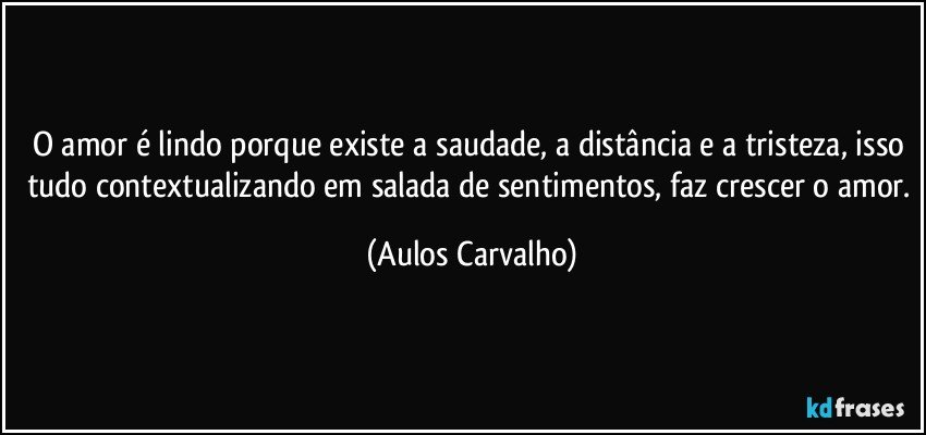 O amor é lindo porque existe a saudade, a distância e a tristeza, isso tudo contextualizando em salada de sentimentos, faz crescer o amor. (Aulos Carvalho)