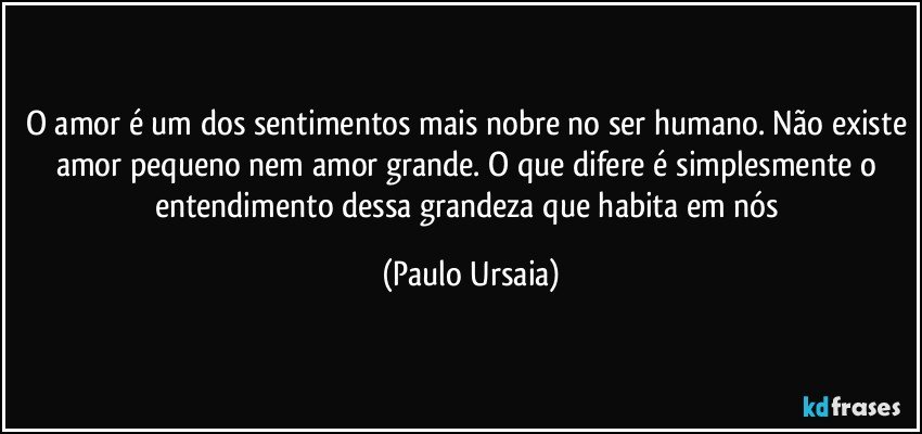 O amor é um dos sentimentos mais nobre no ser humano. Não existe amor pequeno nem amor grande. O que difere é simplesmente o entendimento dessa grandeza que habita em nós (Paulo Ursaia)