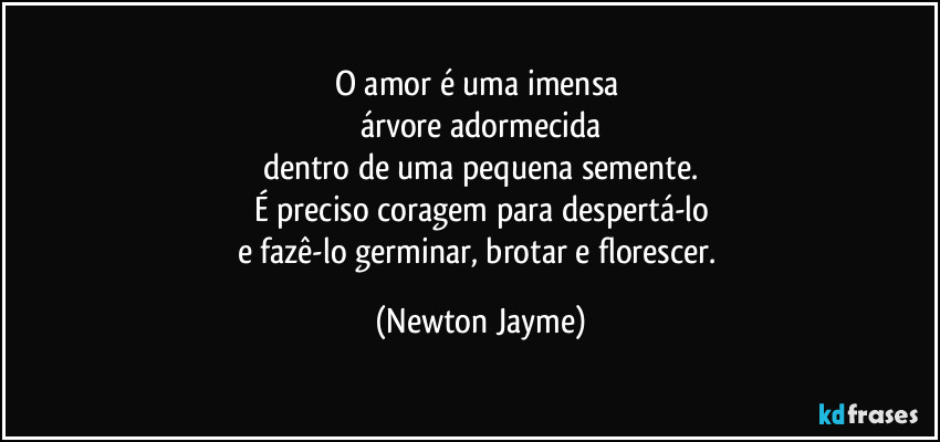 O amor é uma imensa 
árvore adormecida
dentro de uma pequena semente.
É preciso coragem para despertá-lo
e fazê-lo germinar, brotar e florescer. (Newton Jayme)