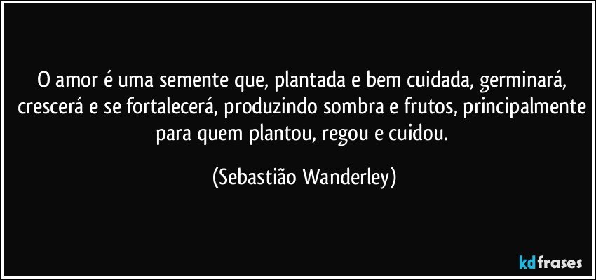 O amor é uma semente que, plantada e bem cuidada, germinará, crescerá e se fortalecerá, produzindo sombra e frutos, principalmente para quem plantou, regou e cuidou. (Sebastião Wanderley)