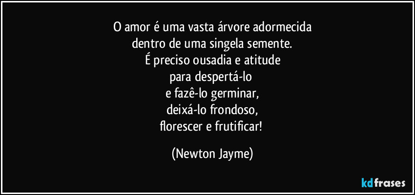 O amor é uma vasta árvore adormecida
dentro de uma singela semente.
É preciso ousadia e atitude
para despertá-lo 
e fazê-lo germinar,
deixá-lo frondoso,
florescer e frutificar! (Newton Jayme)