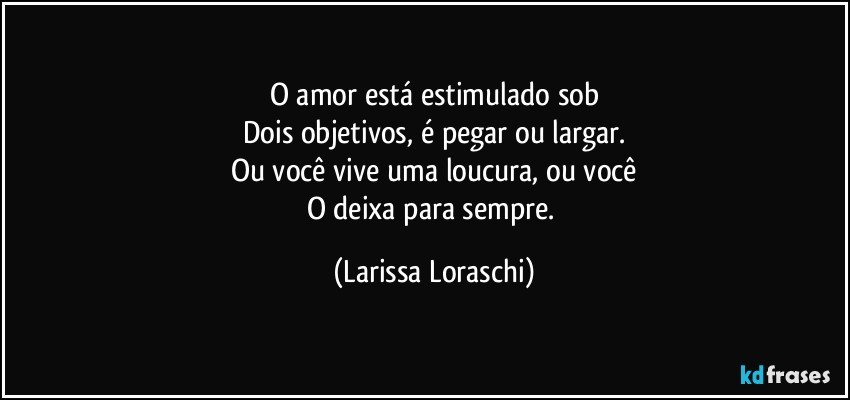 O amor está estimulado sob
Dois objetivos, é pegar ou largar.
Ou você vive uma loucura, ou você
O deixa para sempre. (Larissa Loraschi)