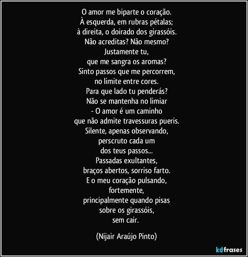 O amor me biparte o coração.
À esquerda, em rubras pétalas;
à direita, o doirado dos girassóis.
Não acreditas? Não mesmo?
Justamente tu,
que me sangra os aromas?
Sinto passos que me percorrem,
no limite entre cores.
Para que lado tu penderás?
Não se mantenha no limiar
- O amor é um caminho
que não admite travessuras pueris.
Silente, apenas observando,
perscruto cada um
dos teus passos...
Passadas exultantes,
braços abertos, sorriso farto.
E o meu coração pulsando,
fortemente,
principalmente quando pisas
sobre os girassóis,
sem cair. (Nijair Araújo Pinto)