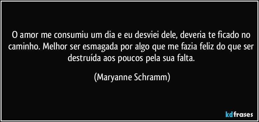 O amor me consumiu um dia e eu desviei dele, deveria te ficado no caminho. Melhor ser esmagada por algo que me fazia feliz do que ser destruída aos poucos pela sua falta. (Maryanne Schramm)
