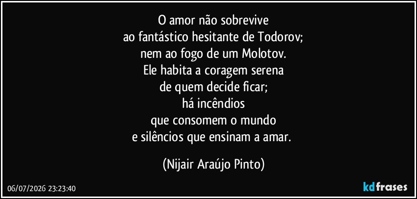O amor não sobrevive
ao fantástico hesitante de Todorov;
nem ao fogo de um Molotov.
Ele habita a coragem serena
de quem decide ficar;
há incêndios
que consomem o mundo
e silêncios que ensinam a amar. (Nijair Araújo Pinto)