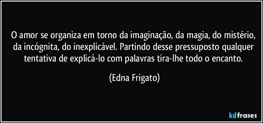 O amor se organiza em torno da imaginação, da magia, do mistério, da incógnita, do inexplicável. Partindo desse pressuposto qualquer tentativa de explicá-lo com palavras tira-lhe todo o encanto. (Edna Frigato)