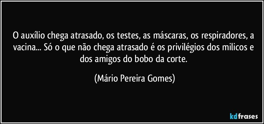 O auxílio chega atrasado, os testes, as máscaras, os respiradores, a vacina... Só o que não chega atrasado é os privilégios dos milicos e dos amigos do bobo da corte. (Mário Pereira Gomes)