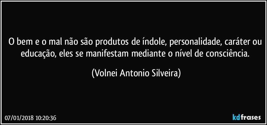 O bem e o mal não são produtos de índole, personalidade, caráter ou educação, eles se manifestam mediante o nível de consciência. (Volnei Antonio Silveira)