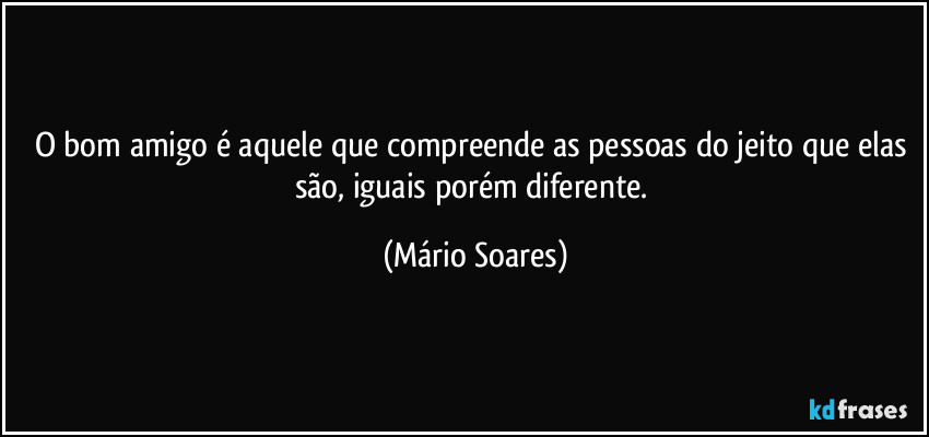 O bom amigo é aquele que compreende as pessoas do jeito que elas são, iguais porém diferente. (Mário Soares)