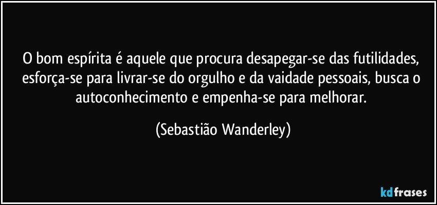 O bom espírita é aquele que procura desapegar-se das futilidades, esforça-se para livrar-se do orgulho e da vaidade pessoais, busca o autoconhecimento e empenha-se para melhorar. (Sebastião Wanderley)