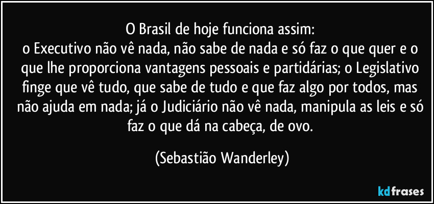 O Brasil de hoje funciona assim: 
o Executivo não vê nada, não sabe de nada e só faz o que quer e o que lhe proporciona vantagens pessoais e partidárias; o Legislativo finge que vê tudo, que sabe de tudo e que faz algo por todos, mas não ajuda em nada; já o Judiciário não vê nada, manipula as leis e só faz o que dá na cabeça, de ovo. (Sebastião Wanderley)