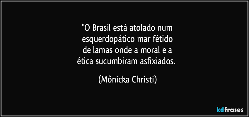 "O Brasil está atolado num
esquerdopático mar fétido
de lamas onde a moral e a
ética sucumbiram asfixiados. (Mônicka Christi)