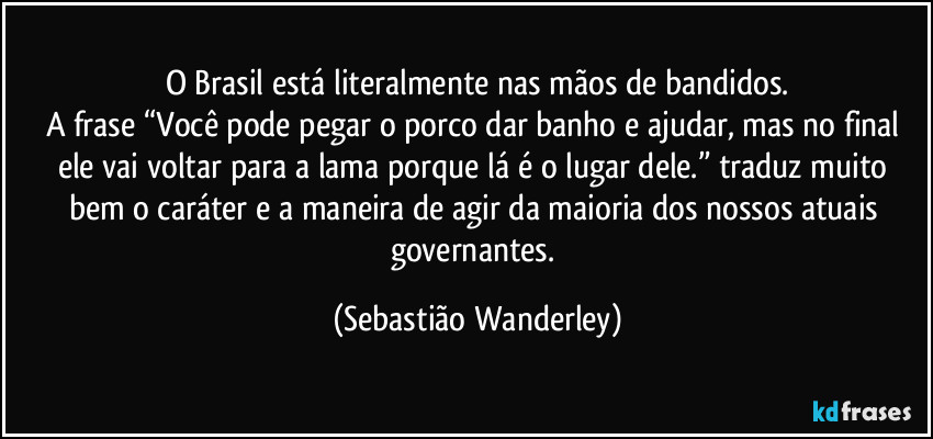 O Brasil está literalmente nas mãos de bandidos.
A frase “Você pode pegar o porco dar banho e ajudar, mas no final ele vai voltar para a lama porque lá é o lugar dele.” traduz muito bem o caráter e a maneira de agir da maioria dos nossos atuais governantes. (Sebastião Wanderley)