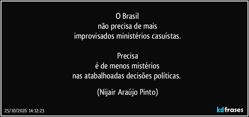 O Brasil
não precisa de mais
improvisados ministérios casuístas.

Precisa
é de menos mistérios
nas atabalhoadas decisões políticas. (Nijair Araújo Pinto)