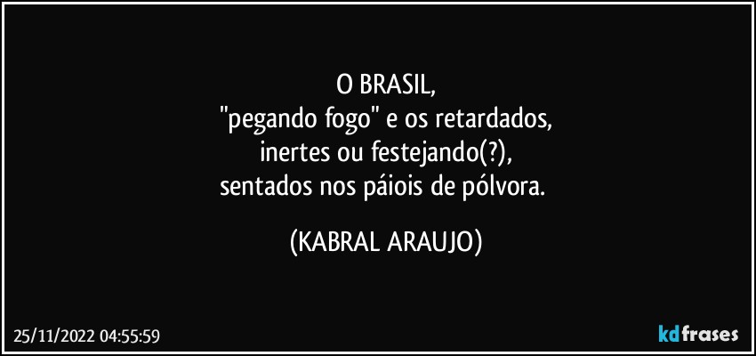 O BRASIL,
"pegando fogo" e os retardados,
inertes ou festejando(?),
sentados nos páiois de pólvora. (KABRAL ARAUJO)