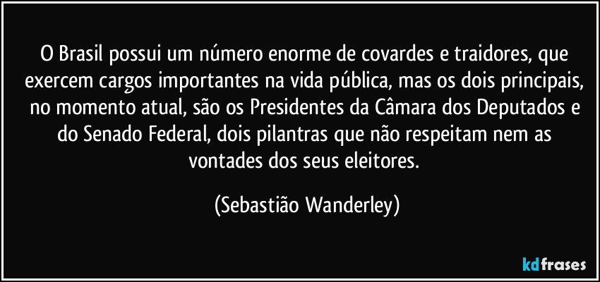 O Brasil possui um número enorme de covardes e traidores, que exercem cargos importantes na vida pública, mas os dois principais, no momento atual, são os Presidentes da Câmara dos Deputados e do Senado Federal, dois pilantras que não respeitam nem as vontades dos seus eleitores. (Sebastião Wanderley)