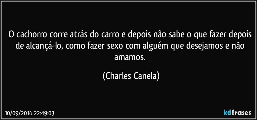 O cachorro corre atrás do carro e depois não sabe o que fazer depois de alcançá-lo, como fazer sexo com alguém que desejamos e não amamos. (Charles Canela)