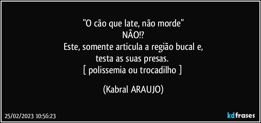 "O cão que late, não morde"
NÃO!?
Este, somente articula a região bucal e,
testa as suas presas. 
[ polissemia ou trocadilho ] (KABRAL ARAUJO)