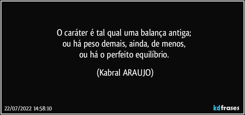 O caráter é tal qual uma balança antiga; 
ou há peso demais, ainda, de menos, 
ou há o perfeito equilíbrio. (KABRAL ARAUJO)