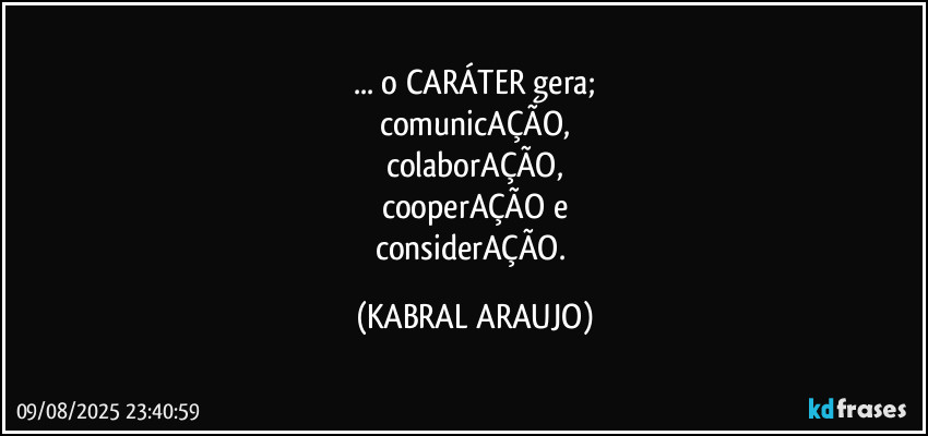 ... o CARÁTER gera;
comunicAÇÃO,
colaborAÇÃO,
cooperAÇÃO e
considerAÇÃO. (KABRAL ARAUJO)