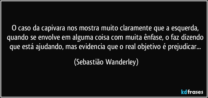 O caso da capivara nos mostra muito claramente que a esquerda, quando se envolve em alguma coisa com muita ênfase, o faz dizendo que está ajudando, mas evidencia que o real objetivo é prejudicar... (Sebastião Wanderley)