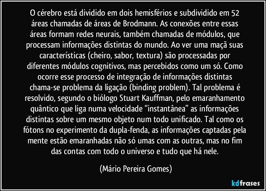 O cérebro está dividido em dois hemisférios e subdividido em 52 áreas chamadas de áreas de Brodmann. As conexões entre essas áreas formam redes neurais, também chamadas de módulos, que processam informações distintas do mundo. Ao ver uma maçã suas características (cheiro, sabor, textura) são processadas por diferentes módulos cognitivos, mas percebidos como um só. Como ocorre esse processo de integração de informações distintas chama-se problema da ligação (binding problem). Tal problema é resolvido, segundo o biólogo Stuart Kauffman, pelo emaranhamento quântico que liga numa velocidade “instantânea” as informações distintas sobre um mesmo objeto num todo unificado. Tal como os fótons no experimento da dupla-fenda, as informações captadas pela mente estão emaranhadas não só umas com as outras, mas no fim das contas com todo o universo e tudo que há nele. (Mário Pereira Gomes)