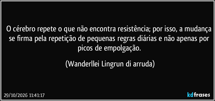 O cérebro repete o que não encontra resistência; por isso, a mudança se firma pela repetição de pequenas regras diárias e não apenas por picos de empolgação. (Wanderllei Lingrun di arruda)