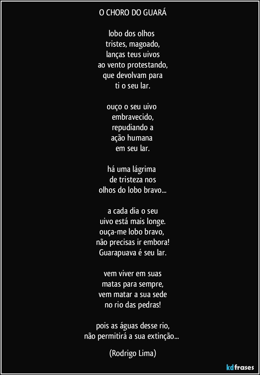 O CHORO DO GUARÁ

lobo dos olhos 
tristes, magoado,
lanças teus uivos
ao vento protestando,
que devolvam para
ti o seu lar.

ouço o seu uivo 
embravecido,
repudiando a
ação humana 
em seu lar.

há uma lágrima 
de tristeza nos
olhos do lobo bravo...

a cada dia o seu
uivo está mais longe.
ouça-me lobo bravo, 
não precisas ir embora!
Guarapuava é seu lar.

vem viver em suas
matas para sempre,
vem matar a sua sede
no rio das pedras!

pois as águas desse rio,
não permitirá a sua extinção... (Rodrigo Lima)