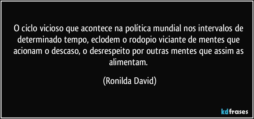 o ciclo vicioso que acontece na política mundial nos intervalos de determinado tempo, eclodem o rodopio viciante de mentes que acionam o descaso, o desrespeito por outras mentes que assim as alimentam. (Ronilda David)