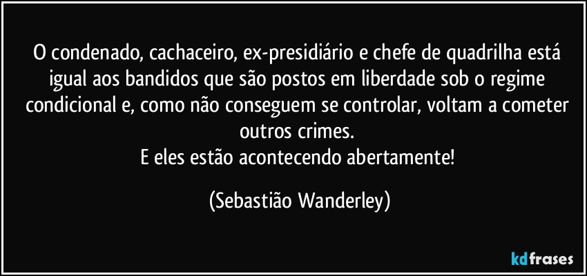 O condenado, cachaceiro, ex-presidiário e chefe de quadrilha está igual aos bandidos que são postos em liberdade sob o regime condicional e, como não conseguem se controlar, voltam a cometer outros crimes. 
E eles estão acontecendo abertamente! (Sebastião Wanderley)