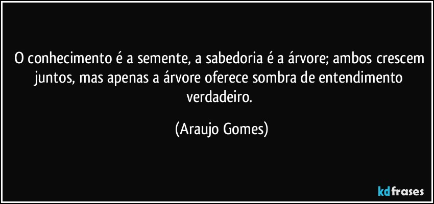 O conhecimento é a semente, a sabedoria é a árvore; ambos crescem juntos, mas apenas a árvore oferece sombra de entendimento verdadeiro. (Araujo Gomes)